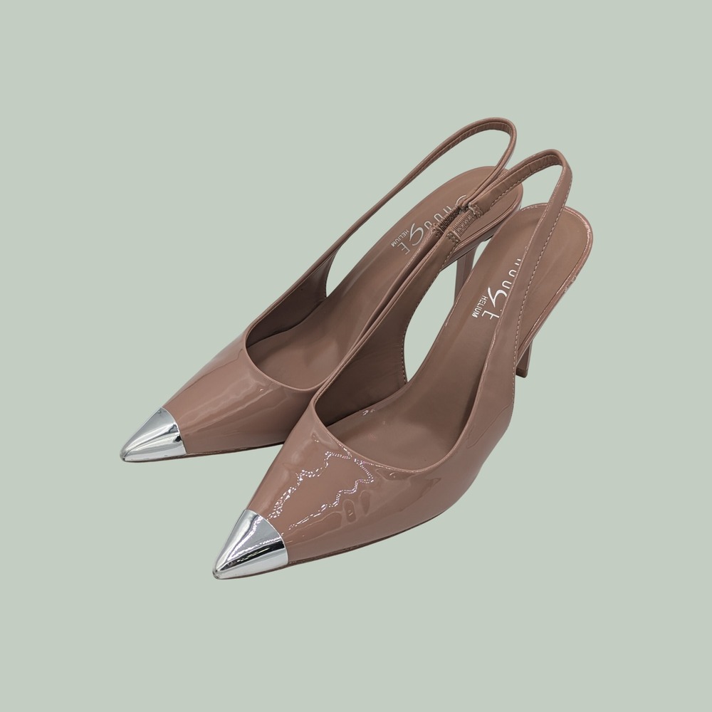 Rouge Helium Chic‎ Stiletto Slingback Pumps 9 Edgy Modern Tan Pointed Silver Toe